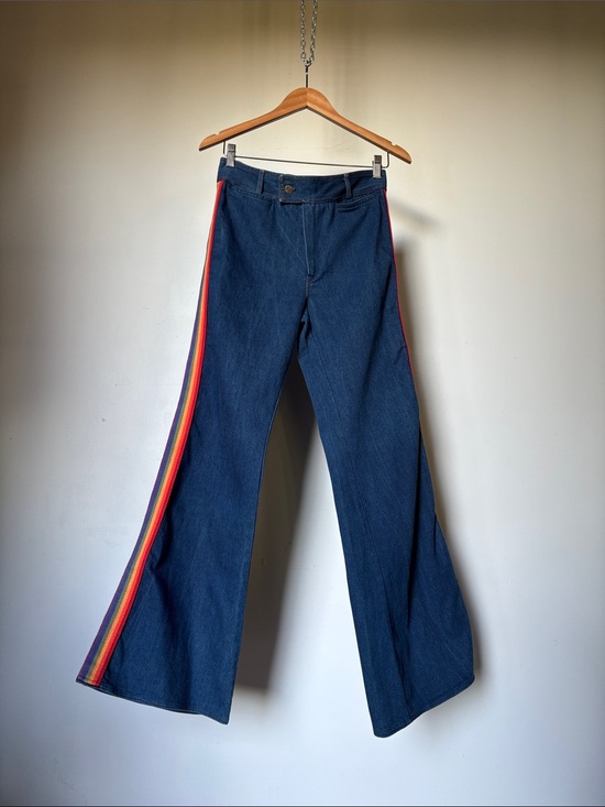 Vintage Denim - Vintage Navy Flare Jeans with Rainbow Track Side Stripe Size 6 RARE